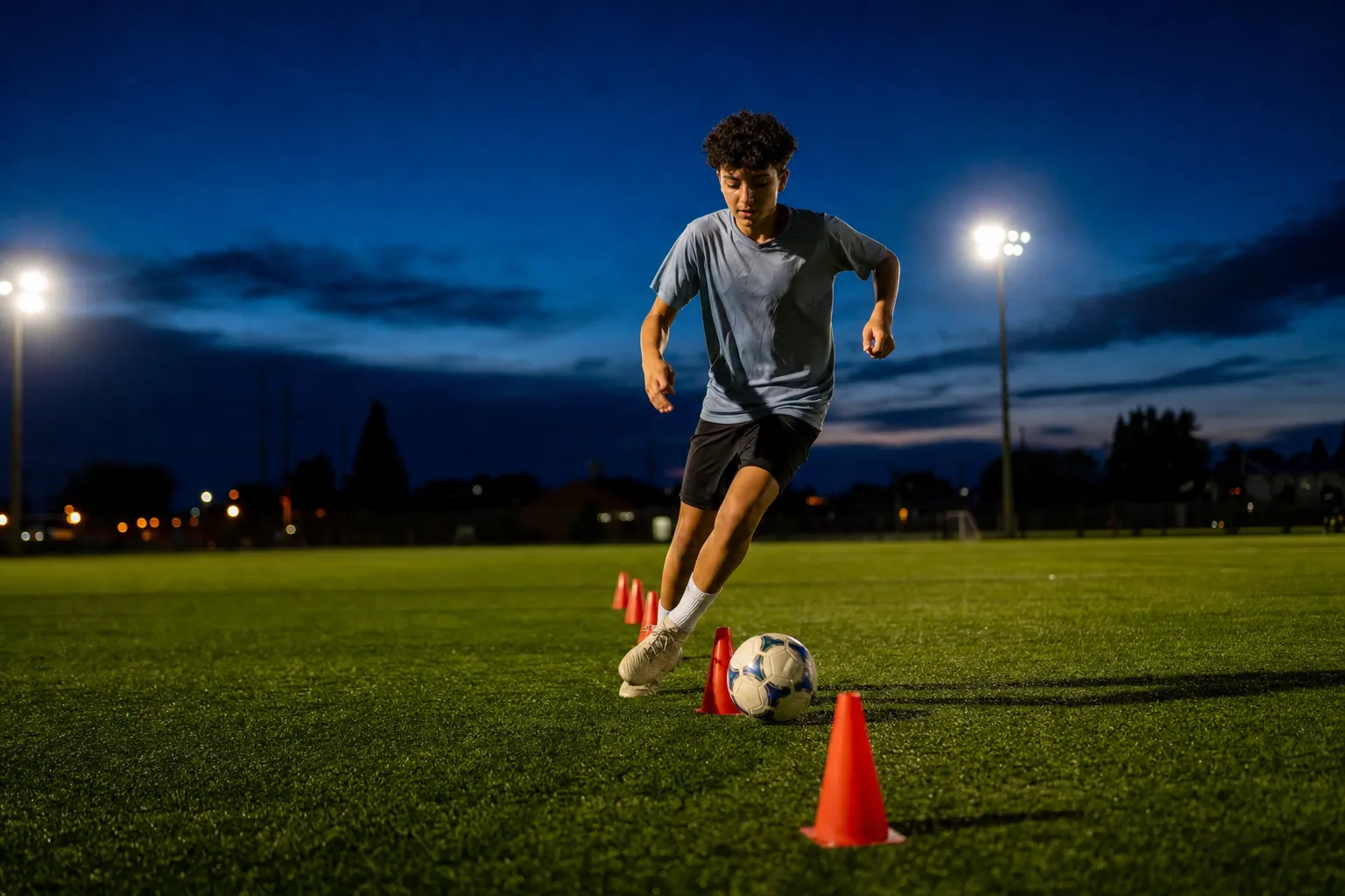 A young player training alone at dusk