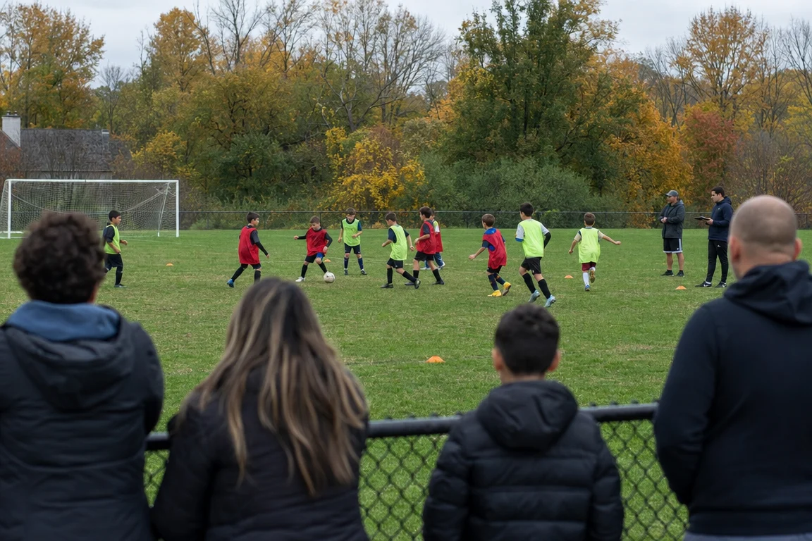 Kids in pinnies running a passing drill at a club tryout while parents watch from the fence