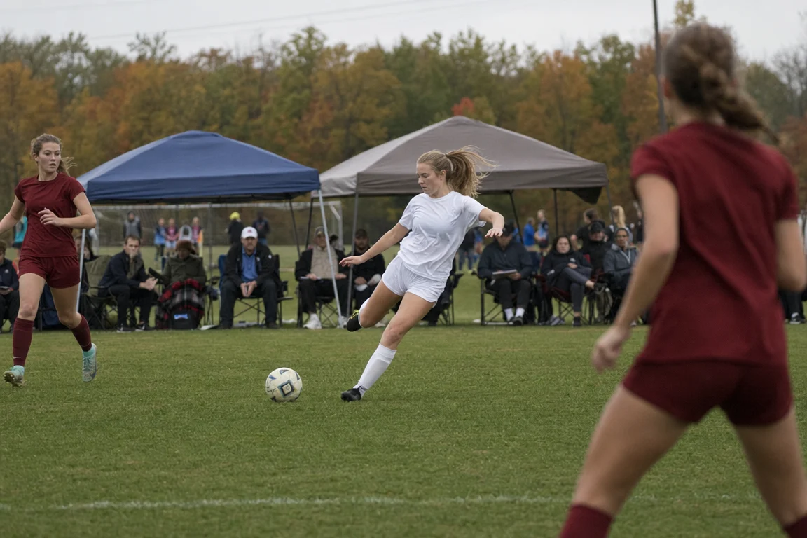 A girls showcase match with college coaches watching from canopies along the far sideline