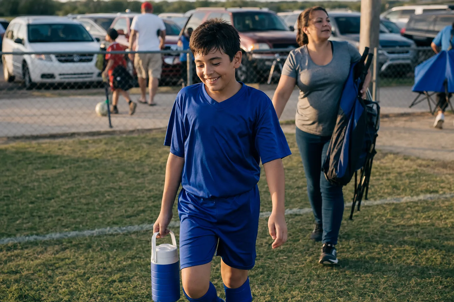A boy about eleven after a town game