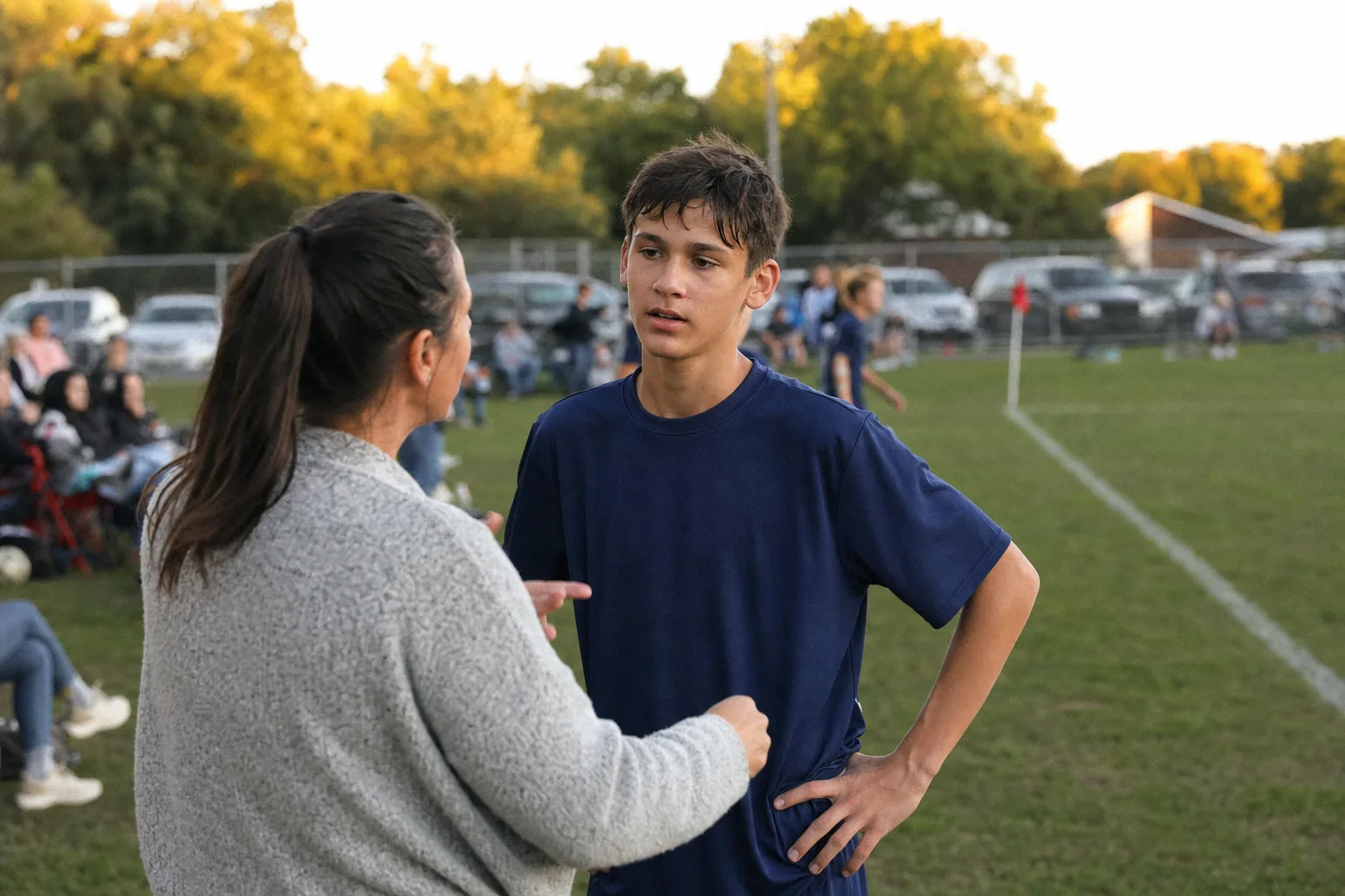 A boy about fourteen on the sideline with a parent