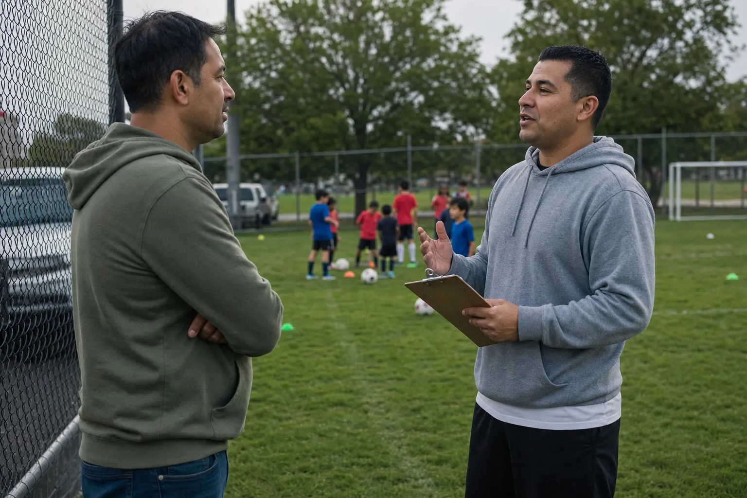 A parent talking with a youth soccer coach on the sideline