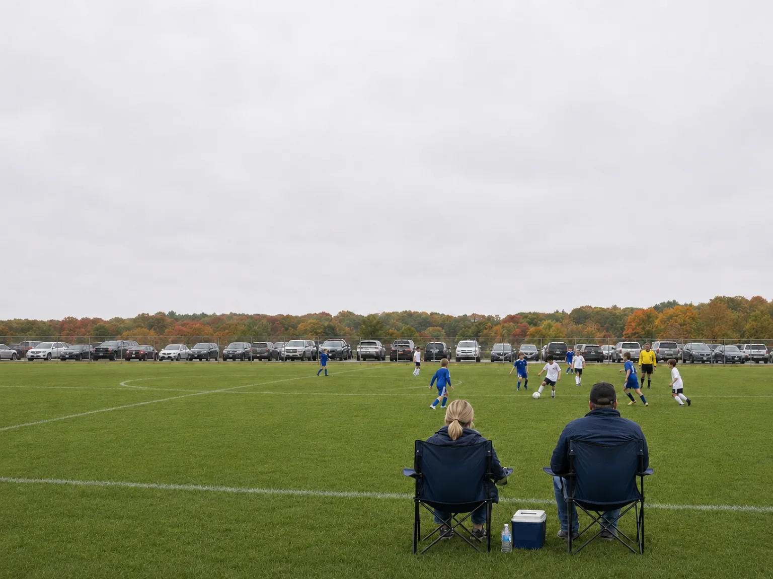 A mother and father in folding camp chairs on the sideline of a public grass field, seen from behind, watching a game of about ten kids in white and blue kits, a referee in yellow and a row of parked cars along the far fence