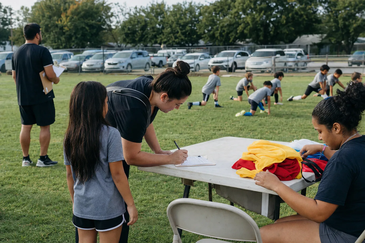 A parent signing their kid in at a youth soccer tryout check-in table